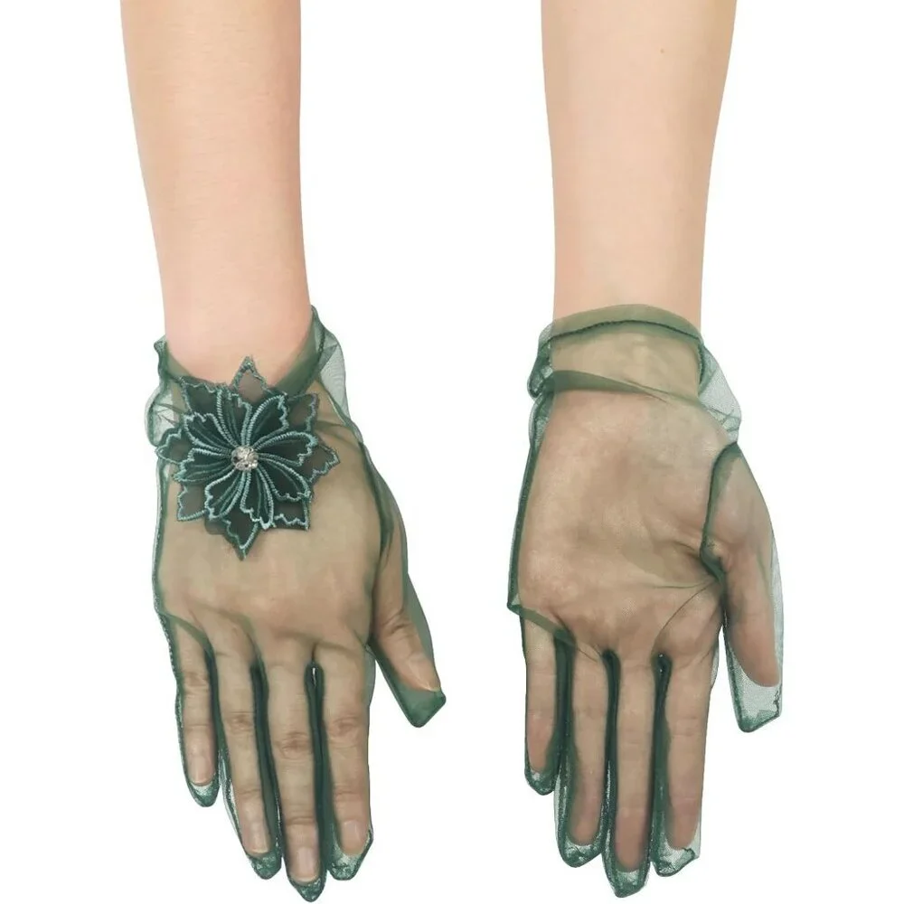 Women's Evening Dark Green Mesh Lace Short Gloves Wedding Bridal Tea Party Prom